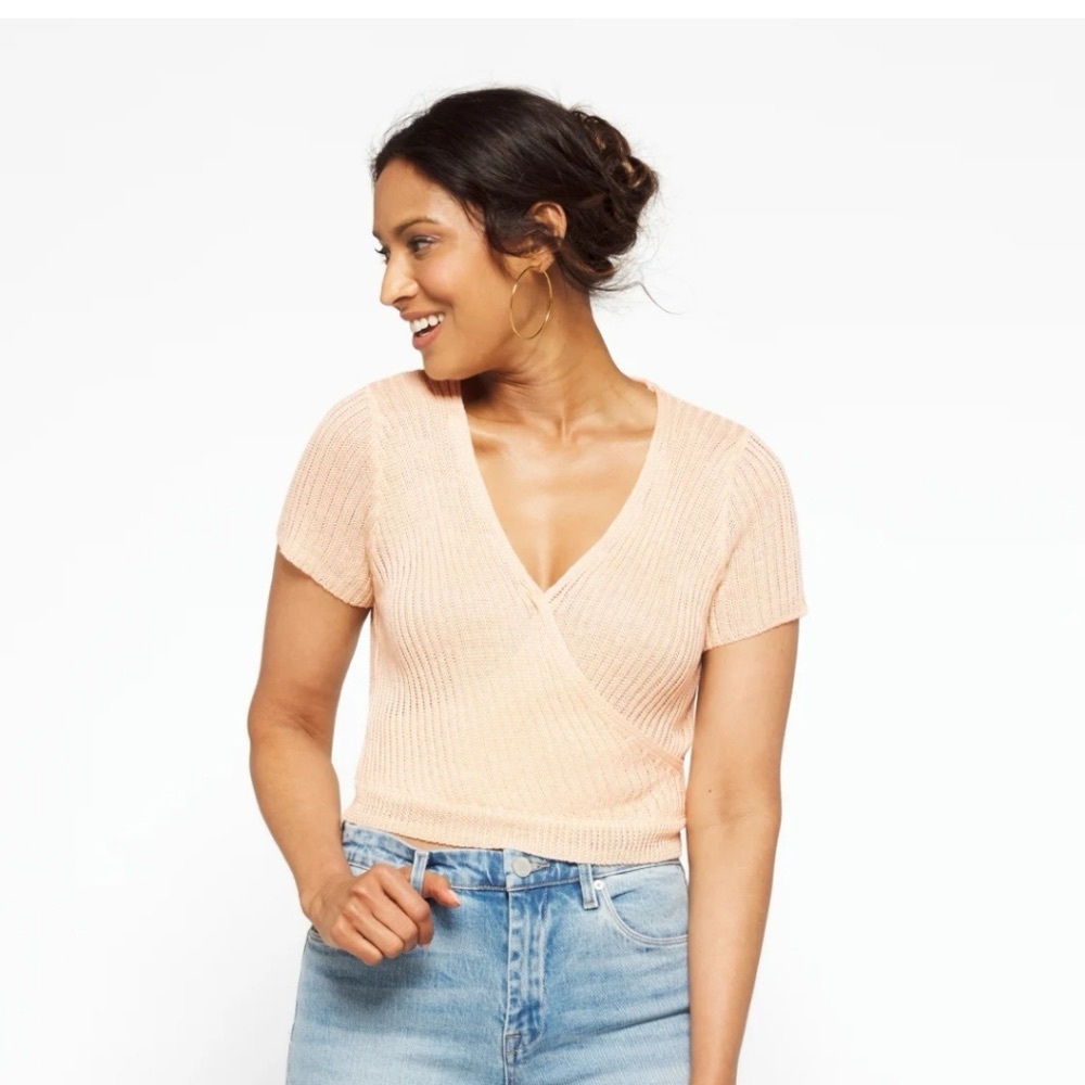 Anthropologie Top Faux Wrap Linen ASTR Pacifica‎ Cropped Sweater Maeve Madewell